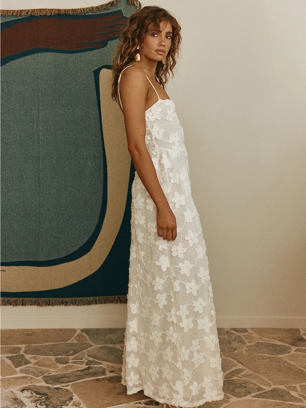 SABO Bianka White Floral mesh Appliqué Maxi Dress w/Spaghetti Straps-Small-NWT